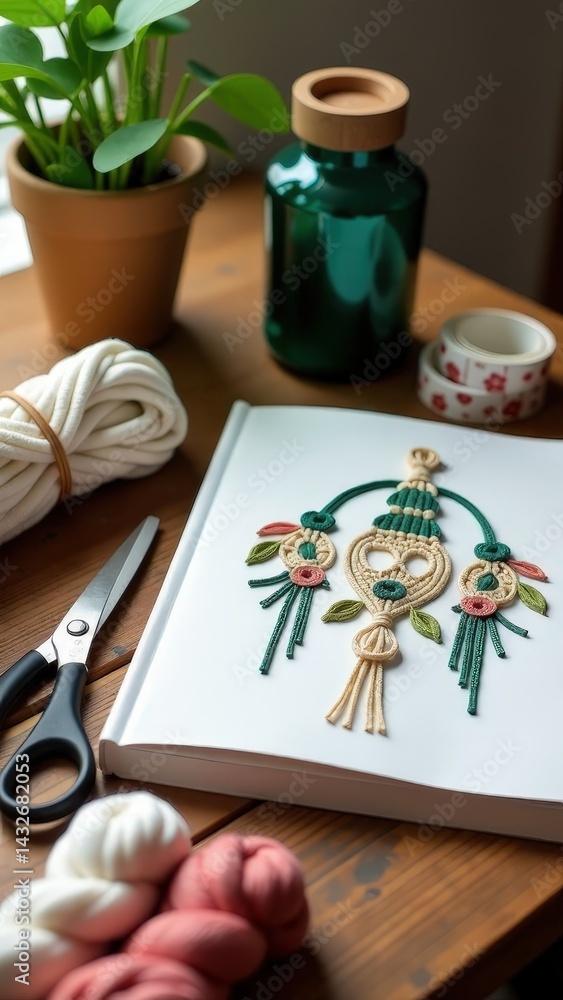 Fototapeta premium Elegant Macrame wall art on wooden table with crafting supplies and potted plant.