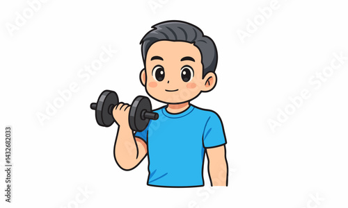 Cute boy holding dumbbell cartoon illustration
