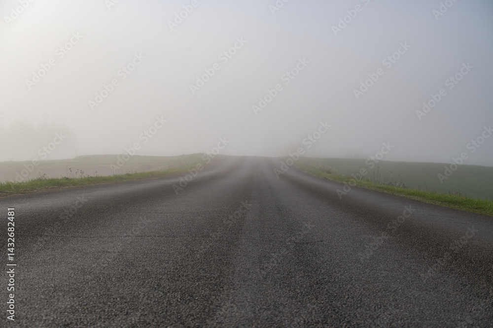 Fototapeta premium Misty road stretches into the distance, disappearing into a thick layer of atmospheric fog.