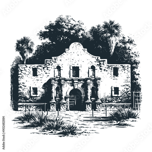 The Historic Alamo: An Ancient Fortress in Texas – Black and White Icon Vector and Illustration