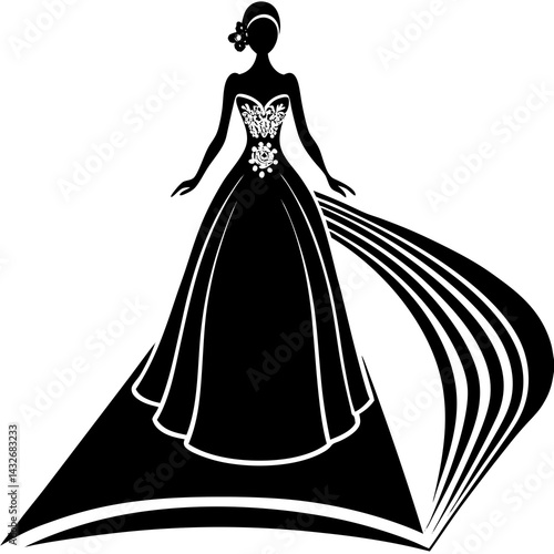 A silhouette of a bride walking down the aisle, her flowing dress trailing gracefully behind her