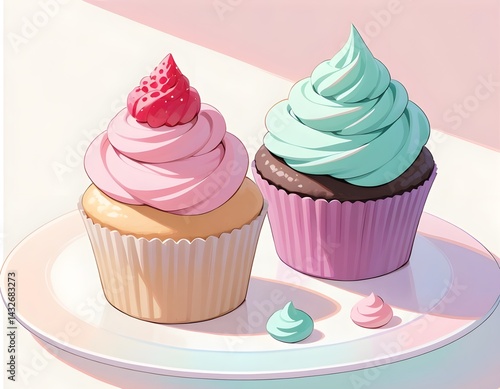 A drawing of two cupcakes with different colored frosting, pink and mint green placed on a soft pastel colored plate.