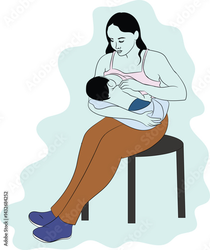 Vector Illustration of Mother Breastfeeding Baby While Sitting on a Stool