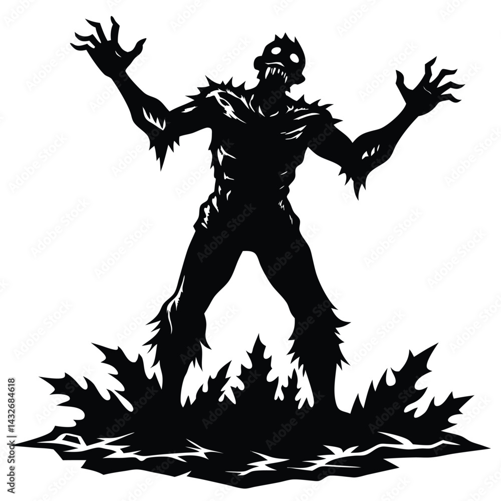 Fototapeta premium Silhouette of Monster Creature Standing on Spiked Ground with Arms Raised Up