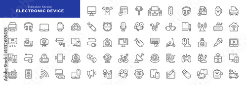 Electronic devices line icon set. Smart mobile gadgets, computer, laptop, phone, tablet, watch, speaker and technology. Outline vector icon in linear style. Series of pictograms.