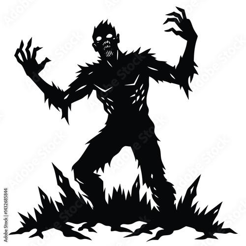 Stylized Zombie Silhouette with Sharp Claws, Teeth, and Jagged Edges in Black