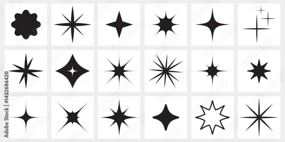 Fototapeta premium Sparkling star icon set. Decorative twinkle and bursts shapes collection. Shining flash basic forms