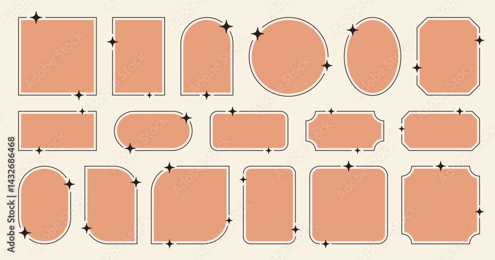 Aesthetic geometric frames with stars. Star retro line border set, round, squared, arch forms