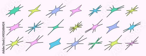 Retro futuristic Y2k style geometric sparkling star icon set. Deformed twinkle and bursts shapes