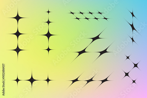 Retro futuristic Y2k style geometric sparkling star icon set. Deformed twinkle and bursts shapes