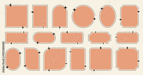 Aesthetic geometric frames with stars. Star retro line border set, round, squared, arch forms