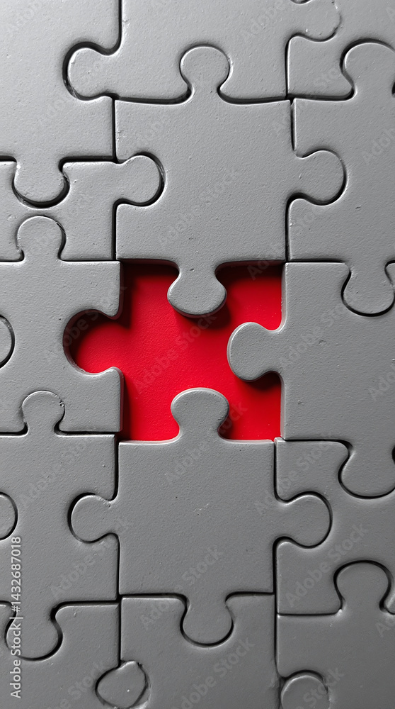 Fototapeta premium Gray Jigsaw Puzzle with Missing Piece and Red Background