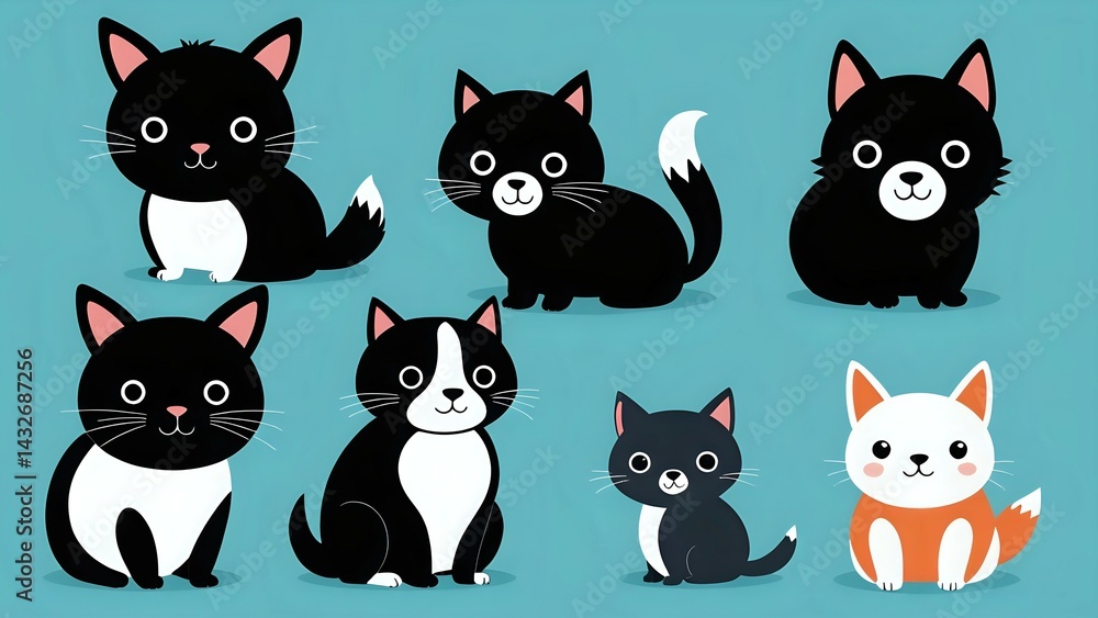 Cute cartoon black and white kittens on blue background Cute cartoon black and white kittens on blue background