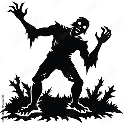 Spooky Silhouette Zombie Hands Emerging from Ground Surrounded by Trees, Black and White