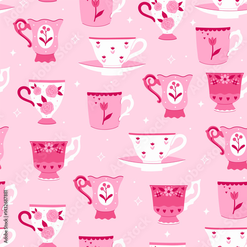 Seamless pattern with vintage cups in pink tones. Vector graphics.