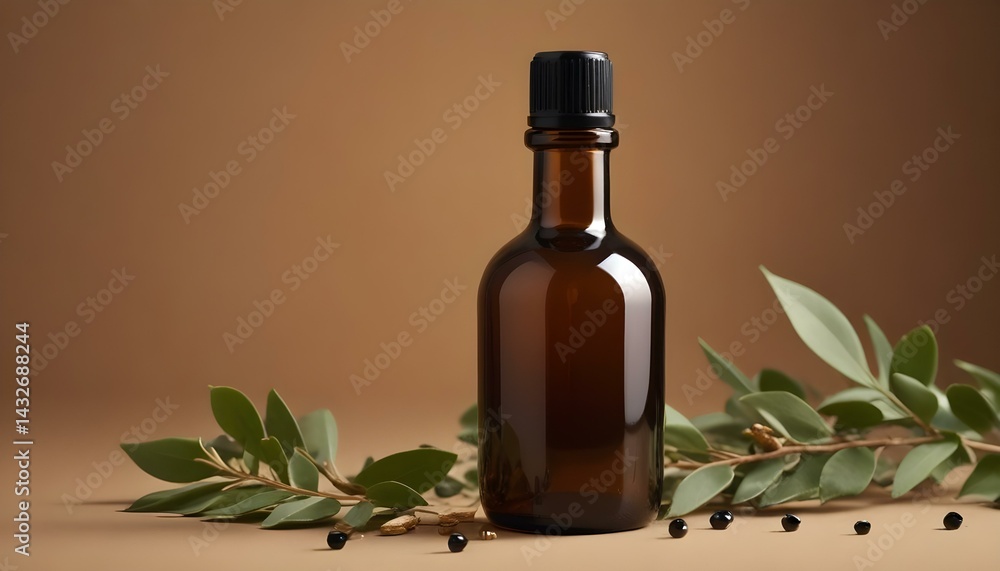 An elegant amber bottle with fresh green leaves and peppercorns against a neutral background. An elegant amber bottle with fresh green leaves and peppercorns against a neutral background.
