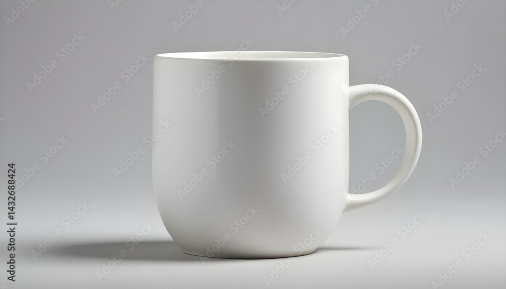 Fototapeta premium A pristine white ceramic mug is perfectly centered on a light gray background, providing space.