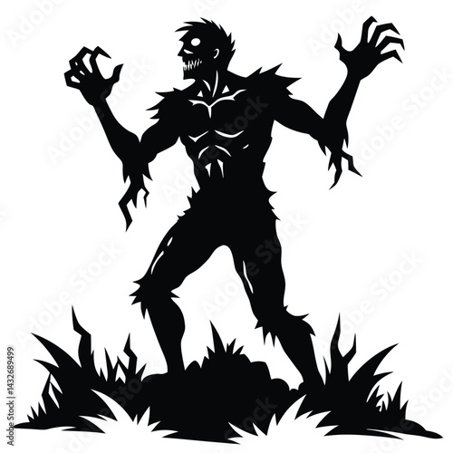 Walking Zombie Silhouette, Spooky Dead Tree, Circular Frame, Halloween Isolated on White