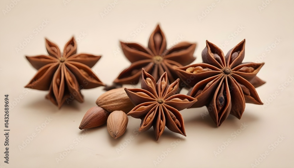 Aromatic star anise pods with their seeds, beautifully arranged on a neutral background. Aromatic star anise pods with their seeds, beautifully arranged on a neutral background.
