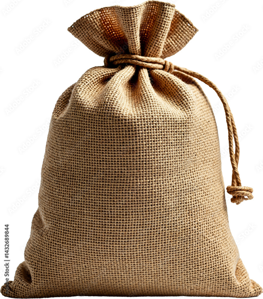 High-resolution brown burlap moneybag isolated on transparent background for financial marketing and e-commerce use.