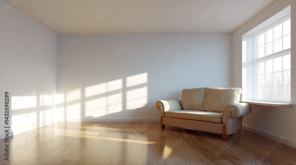 Fototapeta premium Bright Living Room with Empty White Wall, Simple Furniture, Natural Window Light, Clean Minimalist Design
