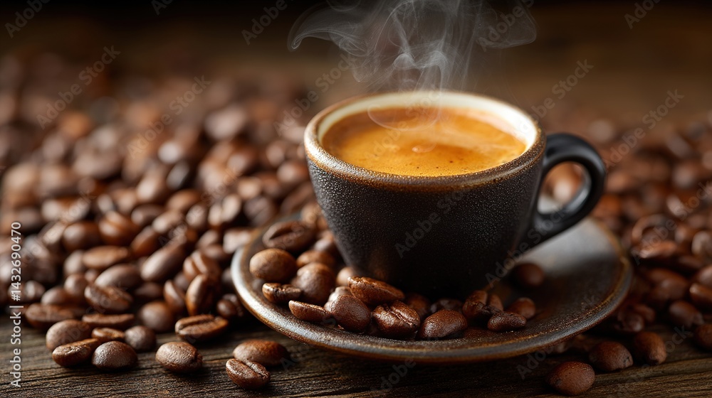 Fototapeta premium Close-up of Espresso Cup Surrounded by Coffee Beans, Rich Brown Tones, Steam Rising, Shallow Depth of Field, Dark Wooden Table Background