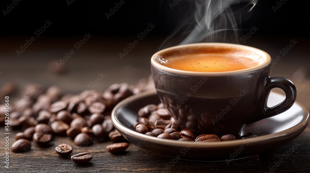 Fototapeta premium Close-up of Espresso Cup Surrounded by Coffee Beans, Rich Brown Tones, Steam Rising, Shallow Depth of Field, Dark Wooden Table Background