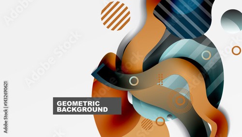 Abstract geometric shapes overlap, creating dynamic composition. Warm orange contrasts cool blues, gradients add depth. Modern design element.