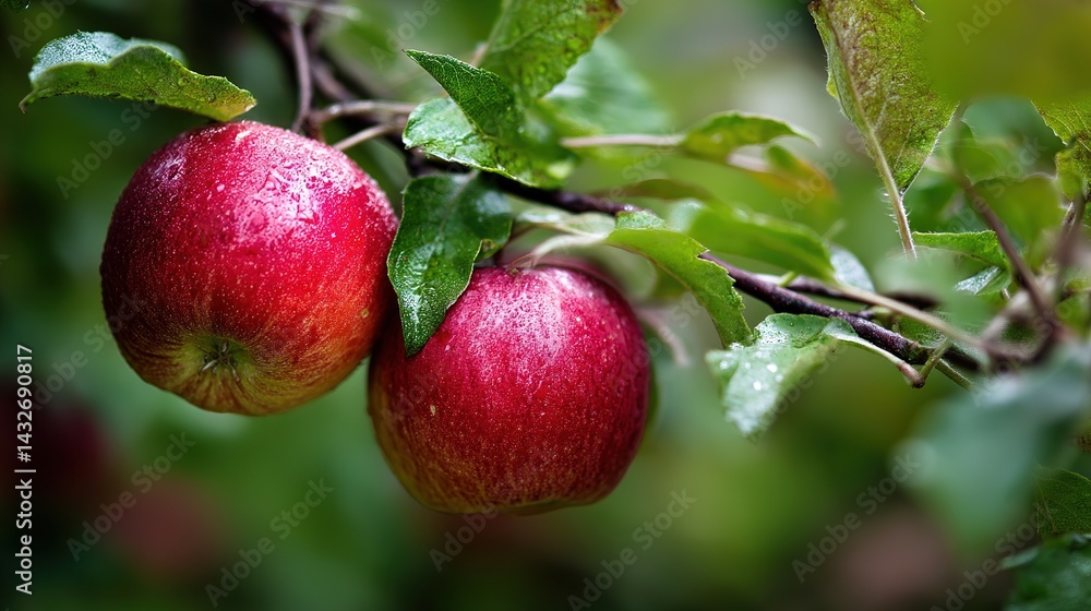 Obraz premium Close-up of Fresh Red Apples with Water Droplets, Vibrant Colors Against Blurred Green Foliage Background, Natural Morning Light, Shallow Depth of Field