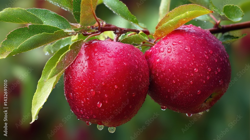 Obraz premium Close-up of Fresh Red Apples with Water Droplets, Vibrant Colors Against Blurred Green Foliage Background, Natural Morning Light, Shallow Depth of Field