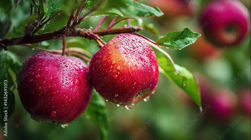 Obraz premium Close-up of Fresh Red Apples with Water Droplets, Vibrant Colors Against Blurred Green Foliage Background, Natural Morning Light, Shallow Depth of Field