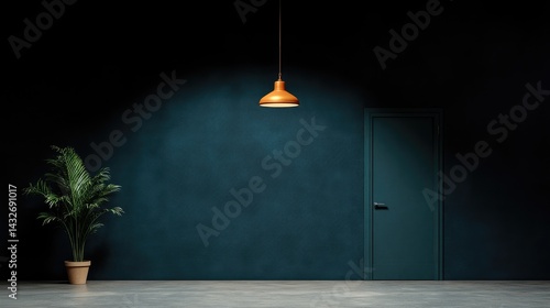 Pendant lamp casts a warm spotlight on a dark teal wall in a minimalist room with a potted plant and closed door.