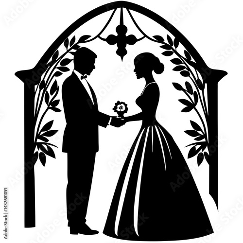 A silhouette of a couple standing at the altar, exchanging vows in a romantic and emotional moment 