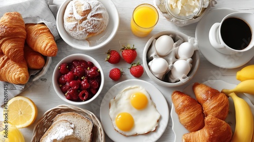 Continental Breakfast Spread on Table with Fresh Ingredients Neatly Arranged, Soft Natural Light, Overhead Composition