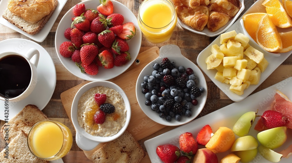 Continental Breakfast Spread on Table with Fresh Ingredients Neatly Arranged, Soft Natural Light, Overhead Composition Continental Breakfast Spread on Table with Fresh Ingredients Neatly Arranged, Soft Natural Light, Overhead Composition