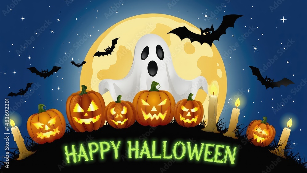 Spooky Halloween night scene with jack-o'-lanterns and a ghost.