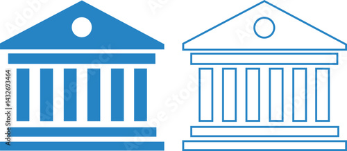 Blue flat and outline bank icons set. Government buildings architecture vectors. Building with iconic columns. Suitable for website designs, logos and mobile apps isolated on transparent background.