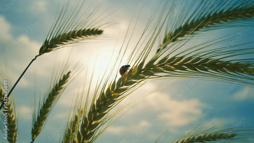Ladybird rests on wheat stalks bathed in sunlight.