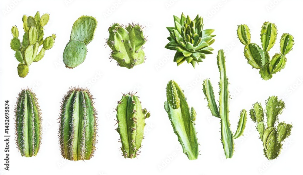 Collection Of Assorted Green Succulents And Cacti On White Background Collection Of Assorted Green Succulents And Cacti On White Background