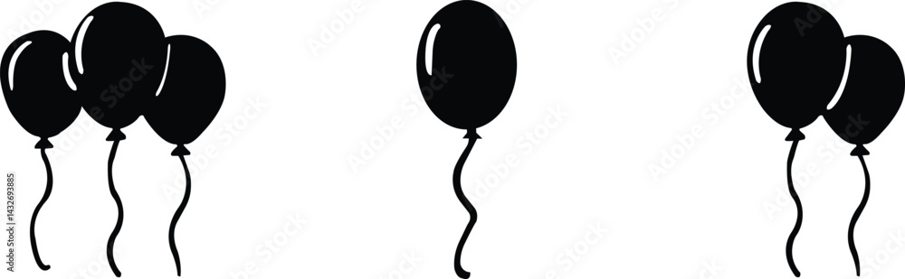 Festive black flat icons set of balloons with streamer, confetti. Layout for birthday, Christmas, anniversary, sale vectors. Party balloons with ribbons and shadow isolated on transparent background. Festive black flat icons set of balloons with streamer, confetti. Layout for birthday, Christmas, anniversary, sale vectors. Party balloons with ribbons and shadow isolated on transparent background.