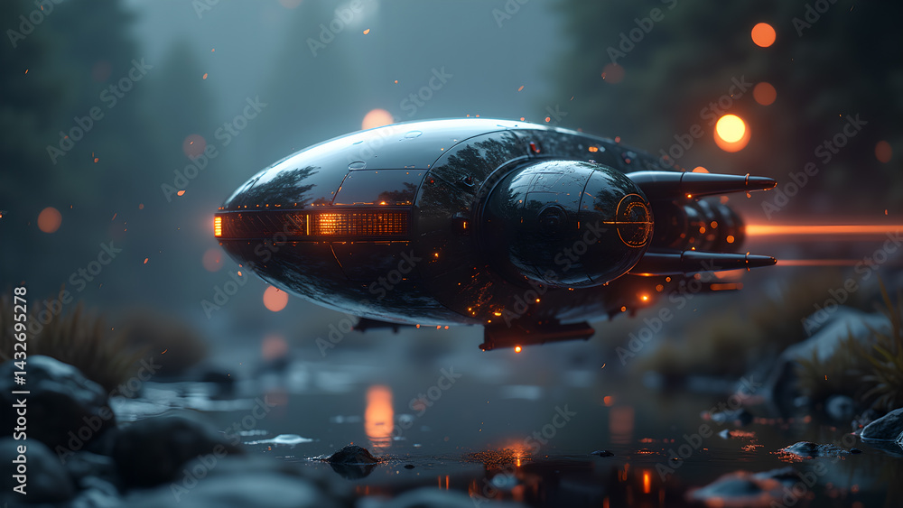 Futuristic exploration: Sleek spacecraft gliding over tranquil forest waterscape Futuristic exploration: Sleek spacecraft gliding over tranquil forest waterscape