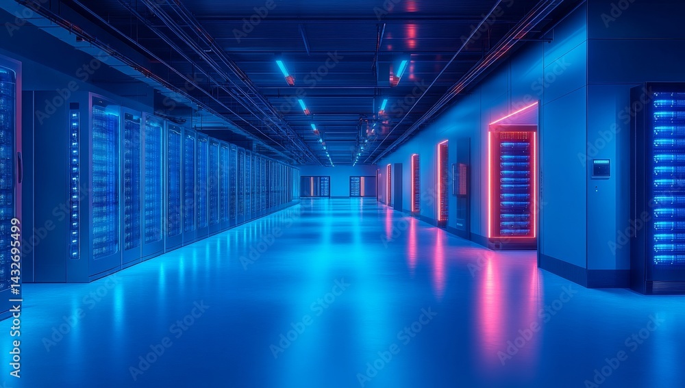 Fototapeta premium Neon-lit server room corridor with rows of glowing data storage units, reflecting on a polished floor.