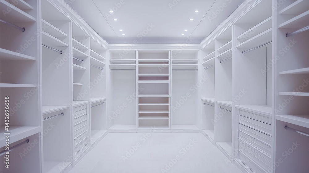 A elegant and feminine empty white walk-in closet.
A elegant and feminine empty white walk-in closet.