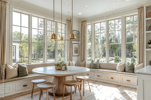 Mid-century modern dining room with round table, bench seating, brass chandelier, off-white walls, white oak floors, beige curtains, and soft green pillows.