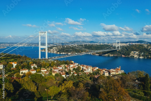 Istanbul Bosphorus Bridge(July 15 Martyrs Bridge). Aerial view of the Bosphorus Bridge with drone on a cloudy day. Unique view of Istanbul. Turkiye.