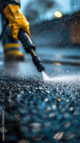 Worker power washing asphalt surface, city background