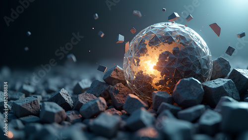 Geodesic sphere revealing luminous core amid rough, fragmented terrain landscape