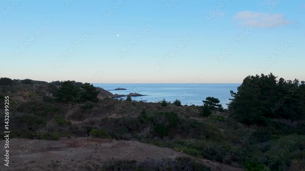 Quintay Chile Casablanca Valparaiso beach sea foam, morning travelling drone shot Quintay Chile Casablanca Valparaiso beach sea foam, morning travelling drone shot