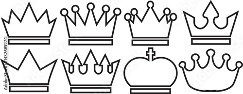 Crown medieval king royalty outline icon set. Collection logos of crowns for royal persons, queen and princess. Vectors perfect for royalty or leadership concepts isolated on transparent background.