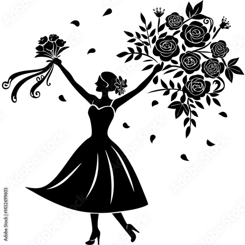 A silhouette of a wedding bouquet being tossed into the air, capturing a playful and joyous moment 